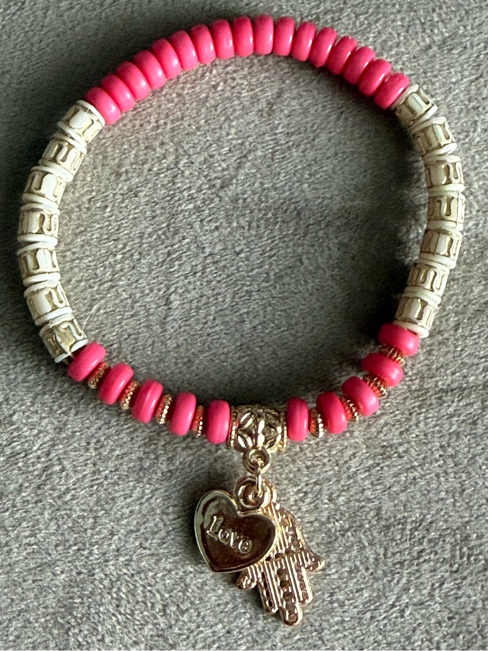 Pink Beaded Hamsa Charm Bracelet - Love Pendant
